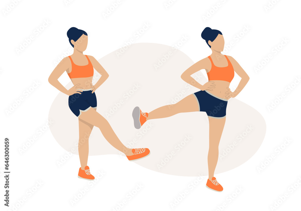 Young women doing leg swing exercise Young women doing leg swing exercise