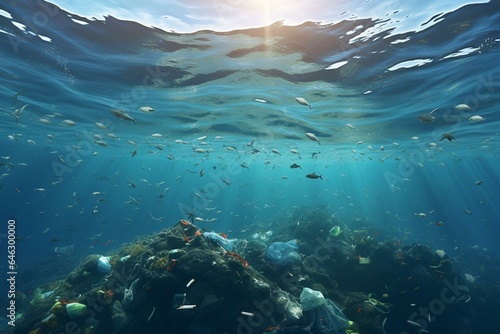 Illustration depicting plastic waste floating on the ocean. Generative AI