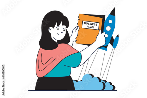 Startup business concept with people scene in flat web design. Woman creating business plan and starting new company, launching rocket. Vector illustration for social media banner, marketing material.