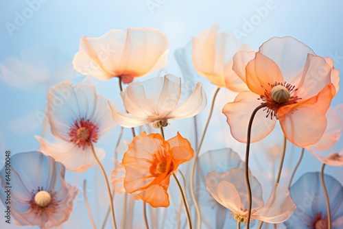 A vibrant bouquet of poppies stands proudly in the sunshine, its cheerful orange and white petals beckoning to be admired