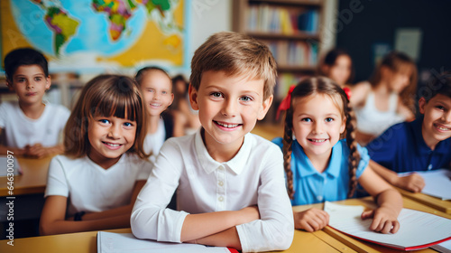 Smiling children in an elementary school classroom