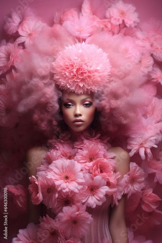 A beautiful young woman stands confidently in an elegant, fashionably-decorated indoor space, adorned with pink flowers, radiating a graceful and enchanting aura © Glittering Humanity