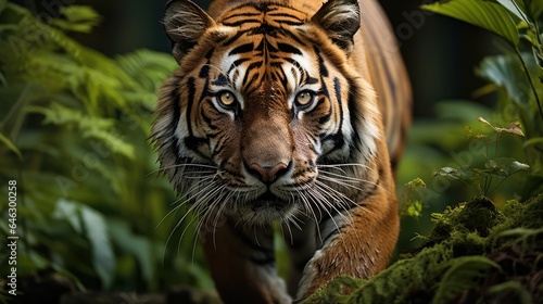 a tiger walks in the jungle. Wild animals. in the national forest © MBRAMO