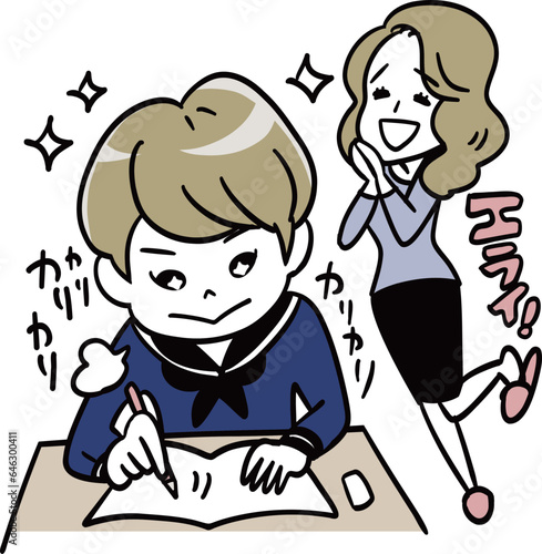 勉強している娘を見て喜ぶ母親