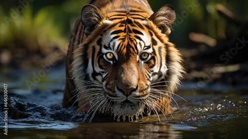 a tiger walks in the water. Wild animals. in the river flow