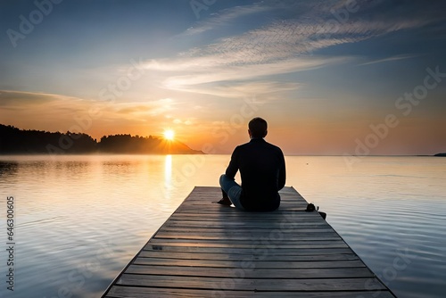 silhouette of a man sitting on a pier at sunset