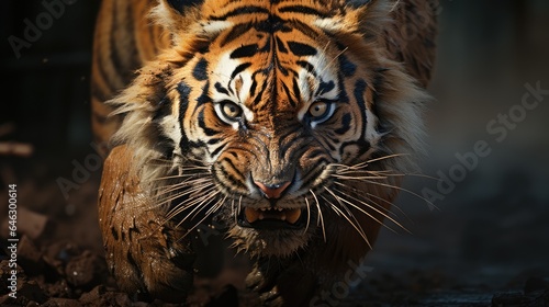 A tiger with a fierce face is looking for its prey