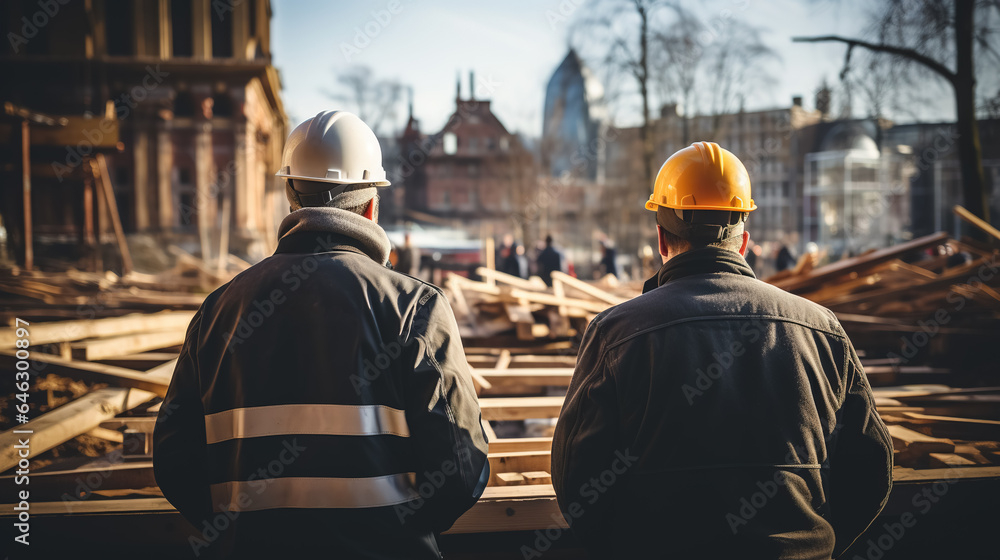 Two construction inspectors in winter jackets and hard hats look at a building under construction.