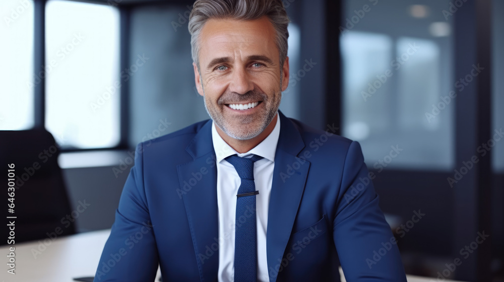 Naklejka premium Happy smiling middle aged professional business man company executive ceo manager wearing blue suit sitting at desk in office working on laptop computer. Portrait.
