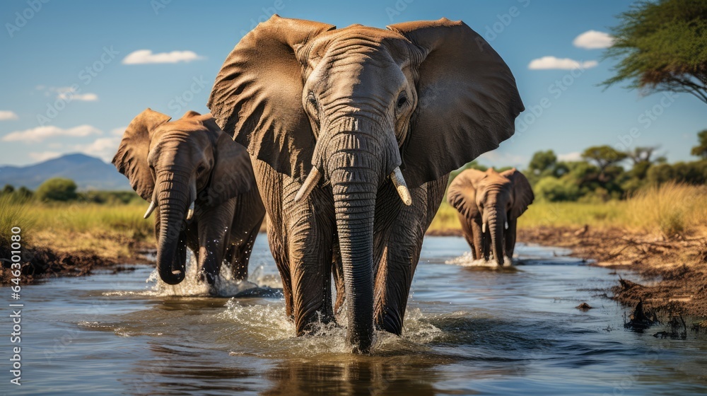 Fototapeta premium African elephant walking swinging his trunk against a forest background