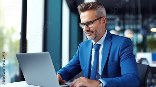 Happy smiling middle aged professional business man company executive ceo manager wearing blue suit sitting at desk in office working on laptop computer. Portrait. 