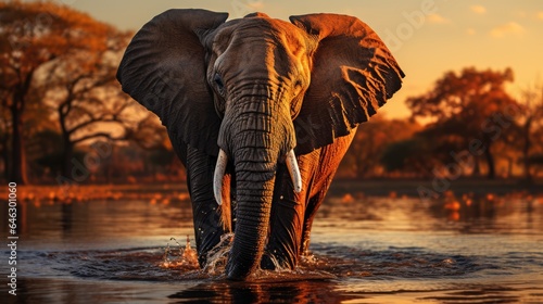 African elephant walking swinging his trunk near the lake at sunset © MBRAMO