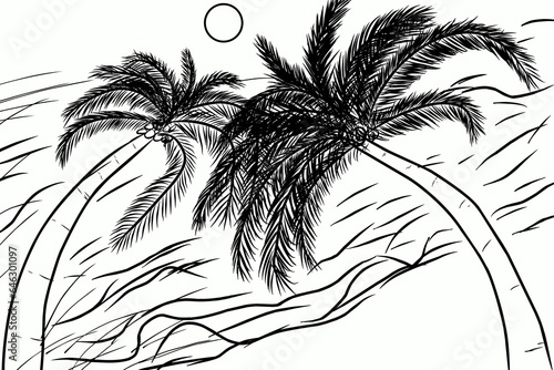 Fotografie Hand drawn abstract rough sketch of two palm tress on the beach.