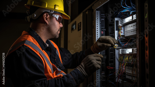Commercial electrician at work on a fuse box, adorned in safety gear, demonstrating professionalism 