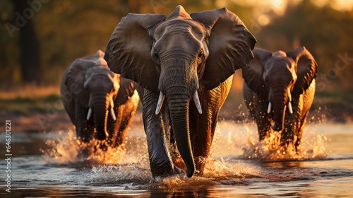 African elephant walking swinging his trunk near the lake at sunset