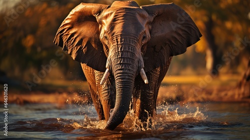 An African elephant walks swinging its trunk over a puddle of water