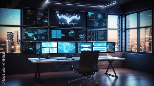 System Control Center, workplace with multiple displays, monitors showing various technical information.