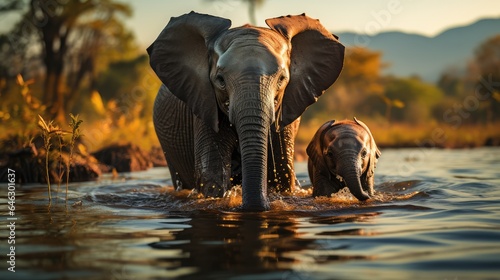 An elephant is enjoying bathing with his calf in the lake