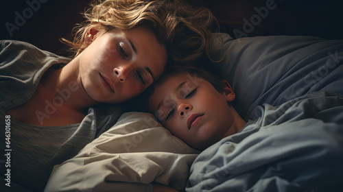 Sympathetic mother near her sick 6-year-old son lying in bed