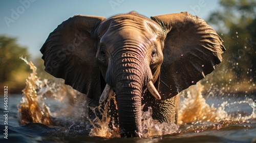 An elephant is enjoying bathing with its trunk spouting water © MBRAMO