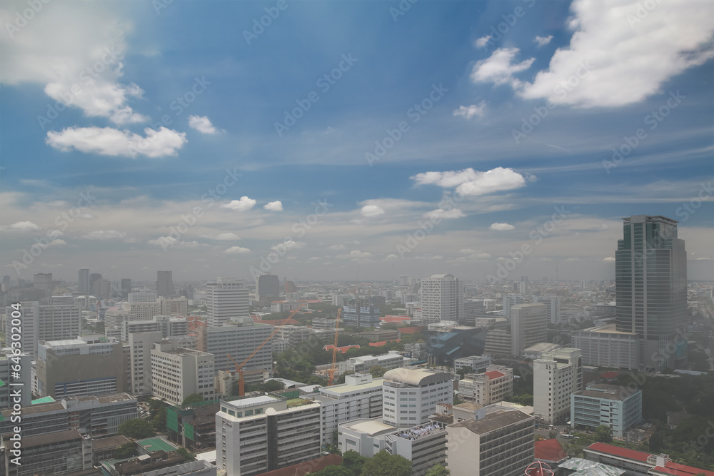 Top view of city scape of Bangkok the capital city of Thailand in haze or smoke around area. Background for environment problem or pollution from PM 2.5 micro dust concept.
