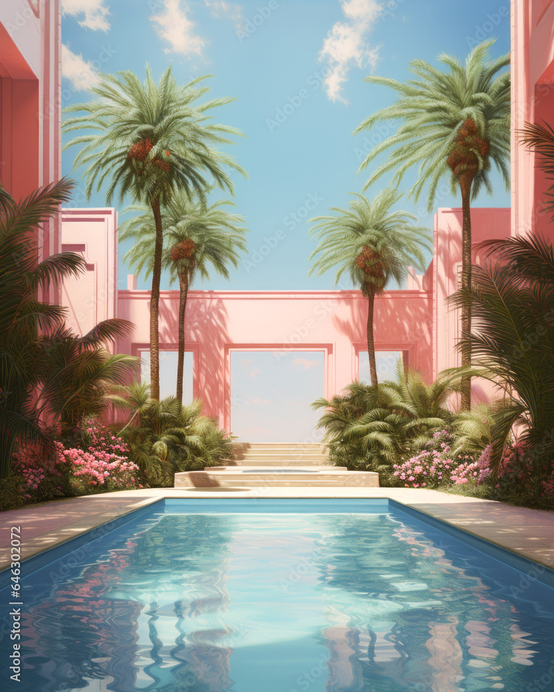 Fototapeta premium Hot Summer, warm day on the beach house, on the seashore. Resort pastel design. Luxury house with swimming pool.