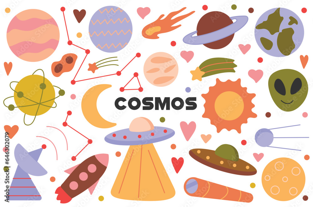Cosmos flat cartoon set. An imaginative set of illustrations with a cartoon design, showcasing cosmic landscapes elements and celestial wonders. Vector illustration. Cosmos flat cartoon set. An imaginative set of illustrations with a cartoon design, showcasing cosmic landscapes elements and celestial wonders. Vector illustration.