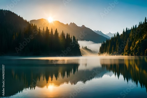 mountain lake at sunrise, with mist rising from the water and a reflection of the mountains in the calm surface.