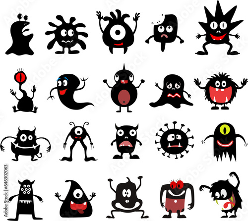 Set of funny monsters in black and white 