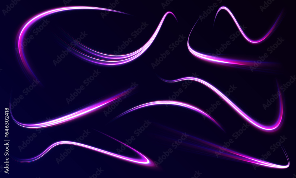 Big set of light neon lines in the form of swirl and spirals. Expressway in long delay, with car lights at night on autobahn. Vector glitter light fire flare trace. 