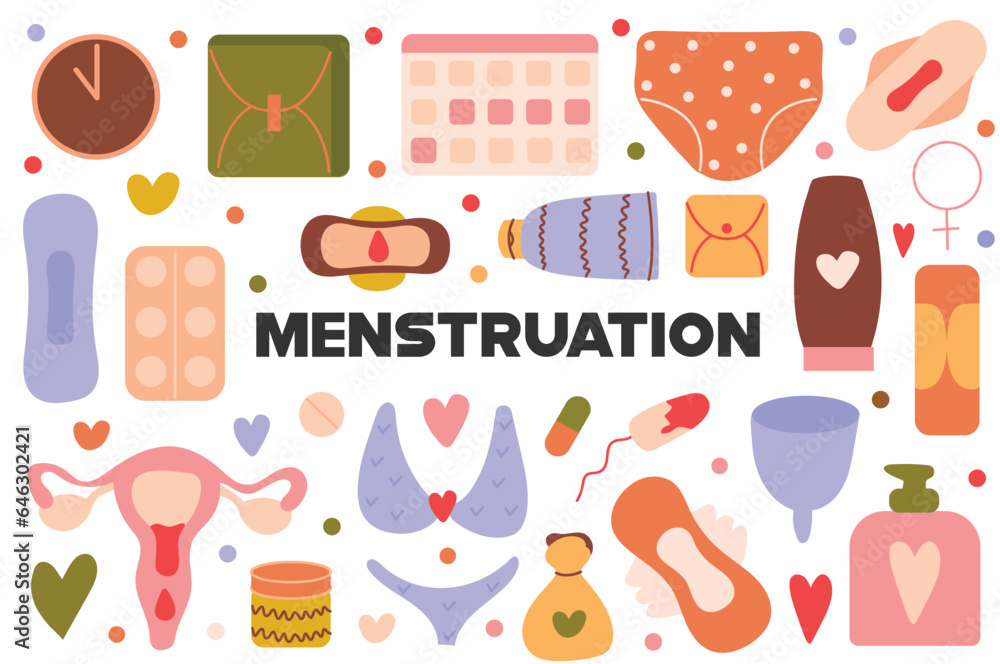 Menstruation flat cartoon set. The illustration shows everything that women need for personal hygiene on difficult days of the month. Vector illustration. Menstruation flat cartoon set. The illustration shows everything that women need for personal hygiene on difficult days of the month. Vector illustration.