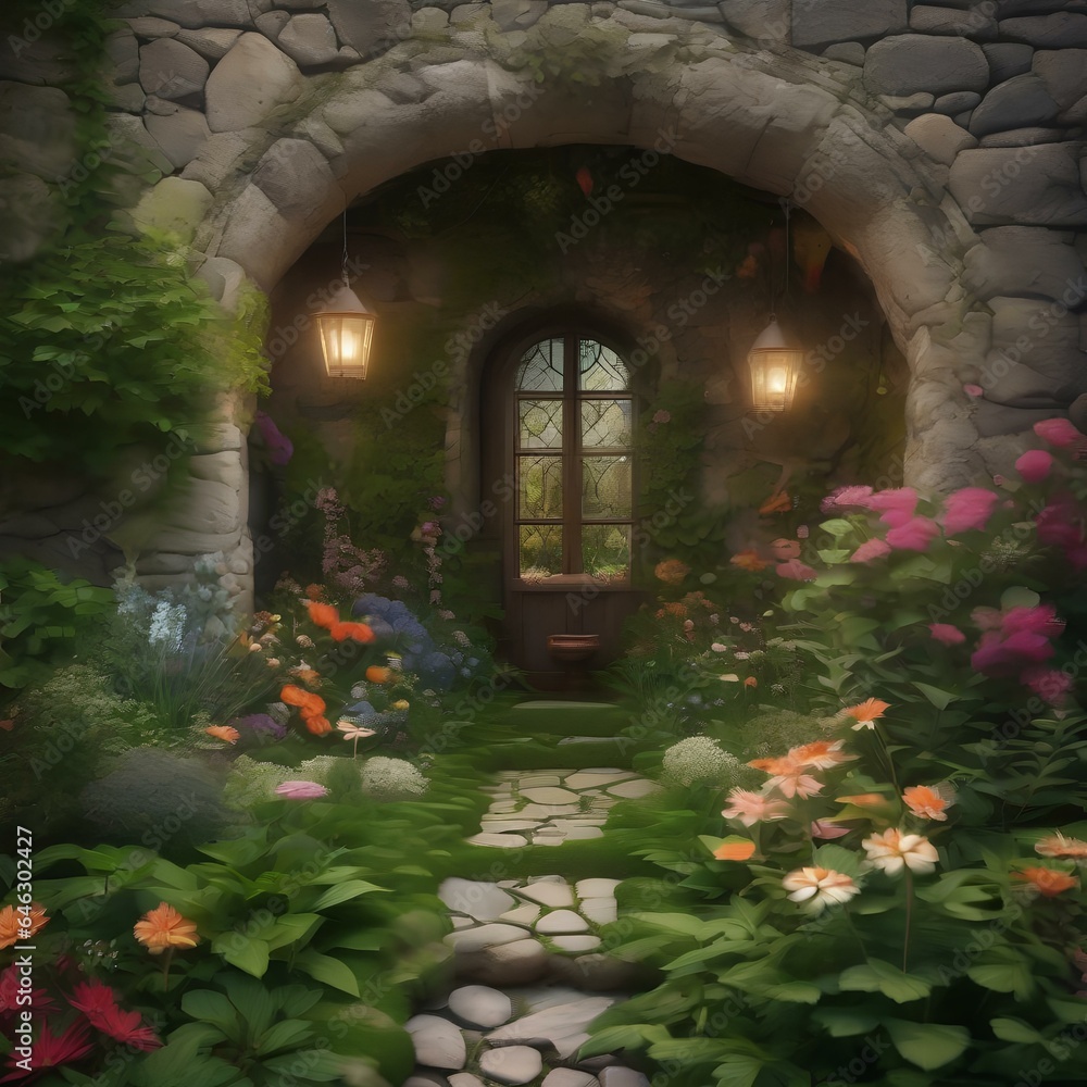 Fototapeta premium A magical, hidden garden concealed behind an ancient, overgrown stone wall, filled with mythical, rare flowers4