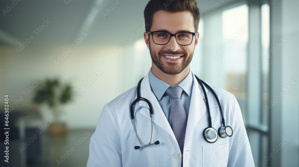 Portrait Of Male Doctor With Stethoscope Wearing White Coat Standing In Modern Hospital Building
