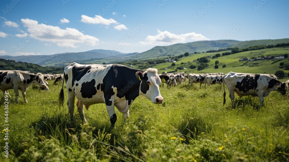 Cows graze in a green field with a cattle farm in the background Cows graze in a green field with a cattle farm in the background