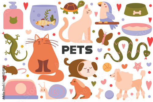 Fototapeta Naklejka Na Ścianę i Meble -  Pets flat cartoon set. An illustration set with a delightful cartoon design, showcasing a collection of adorable and lovable pets in various heartwarming scenes. Vector illustration.