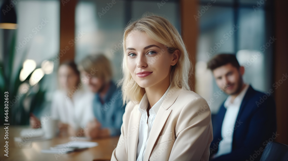 Portrait of calm young blond-haired female entrepreneur in the meeting room. Portrait of calm young blond-haired female entrepreneur in the meeting room.