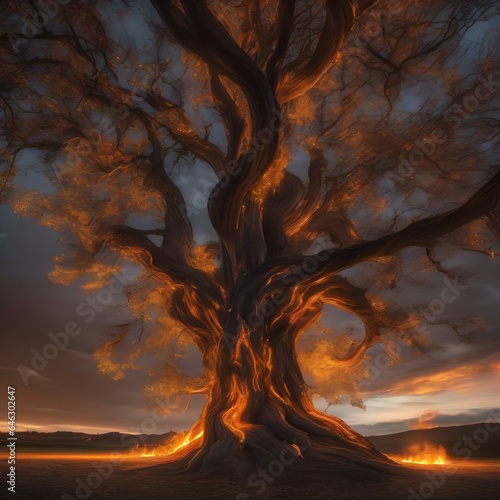 A tree that appears to be made entirely of living, swirling flames, casting a warm and mesmerizing light1