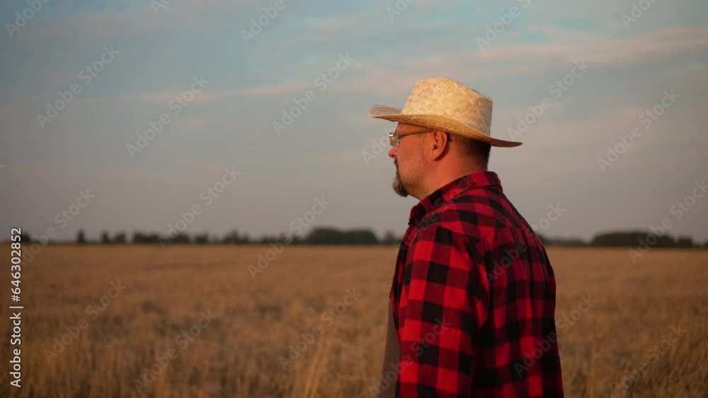 Farmer man inspects wheat fields. Portrait male agronomist. Organic smart farming industry at sunset. Work in agronomic farm business and production organic eco bio food Farmer man inspects wheat fields. Portrait male agronomist. Organic smart farming industry at sunset. Work in agronomic farm business and production organic eco bio food