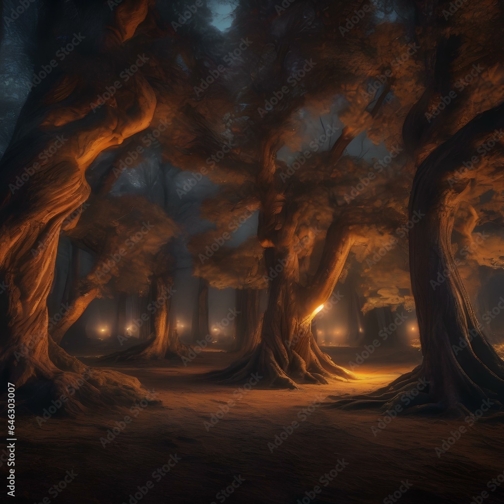 A grove of ancient trees with bark that glows like molten lava, illuminating the night forest2