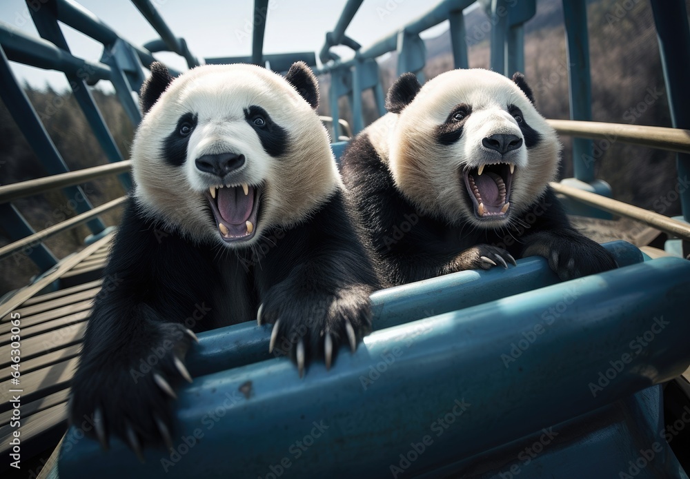 Theme Rides Panda Happy panda on the roller coaster in the amusement park. Enjoying ...