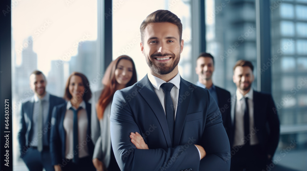 Young and successful businessman standing confidently at office Young and successful businessman standing confidently at office