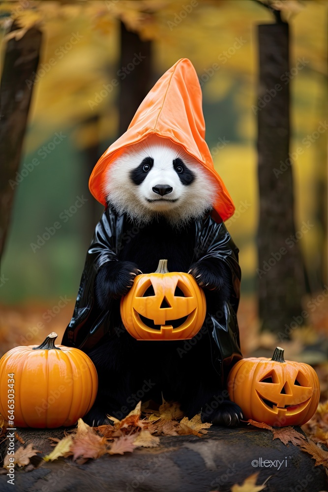 Naklejka premium Beautiful Panda with Halloween costume. Generative AI