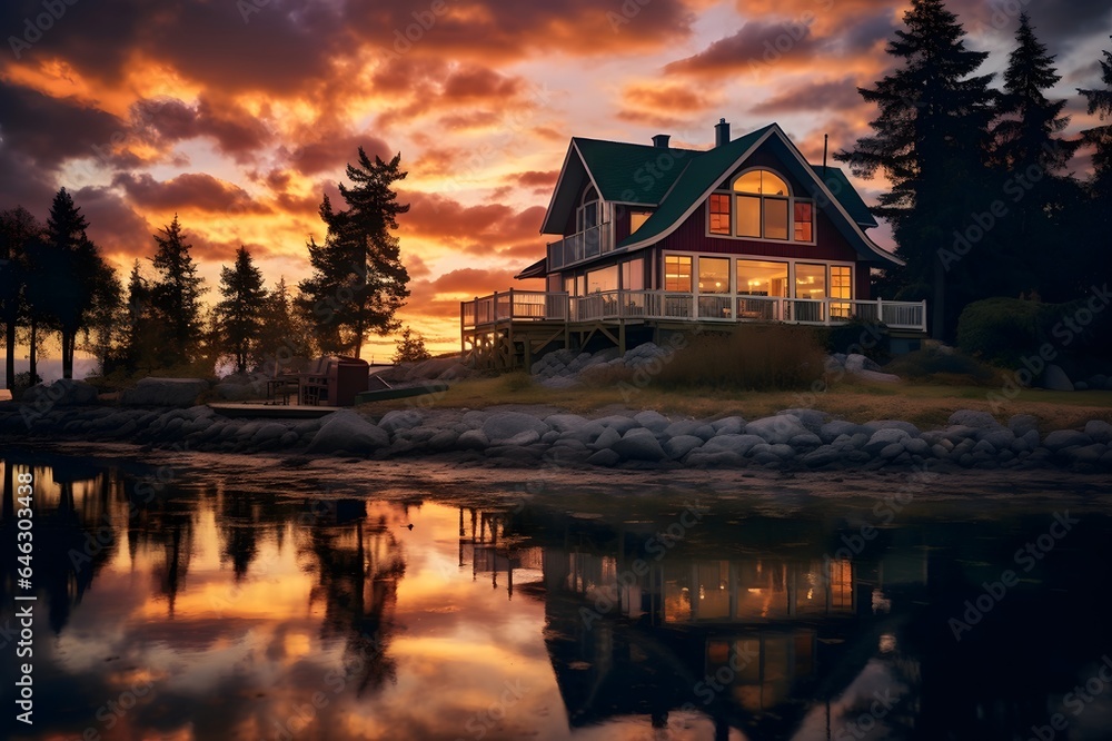 Lonely house on a lake at sunset with reflection in water Lonely house on a lake at sunset with reflection in water