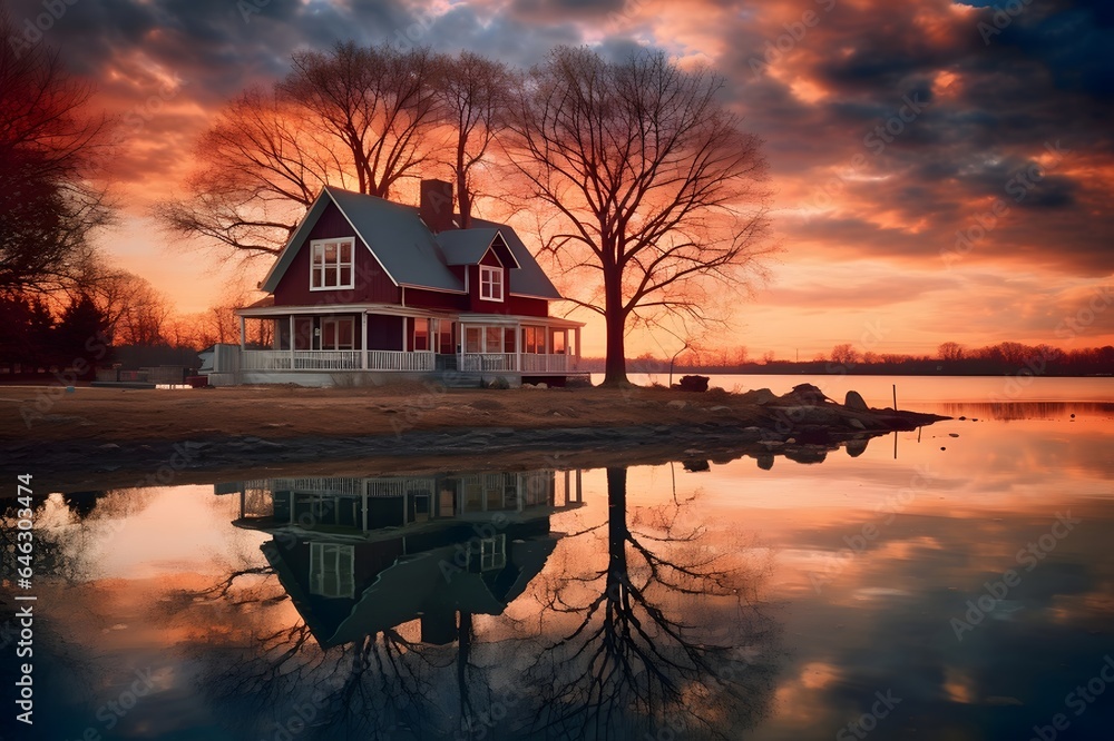 Fototapeta premium Beautiful wooden house on the lake at sunset