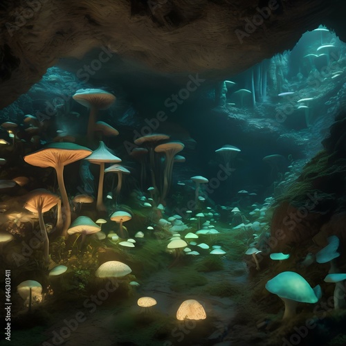 A subterranean cavern filled with phosphorescent fungi, creating a magical, underground garden2