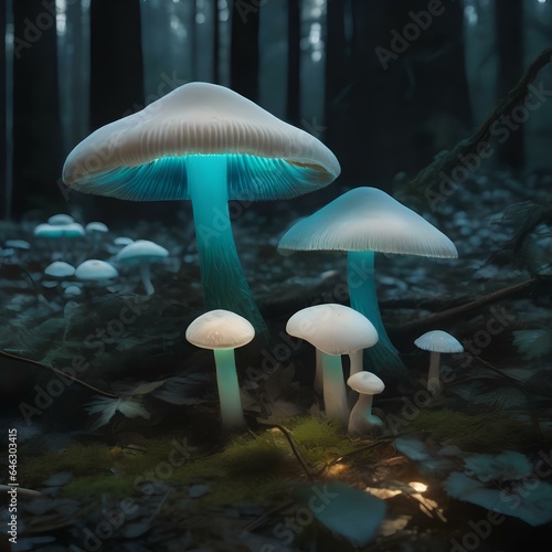 An otherworldly, bioluminescent mushroom casting an eerie, enchanting light on the forest floor2