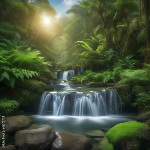 A cascade of waterfalls surrounded by lush ferns and moss-covered rocks, creating a tropical paradise4 © Ai.Art.Creations