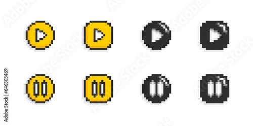 Play and pause button vector pixel style. Media buttons for music and video app.