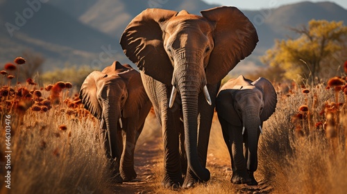 Elephants walk with their companions on the plains against the backdrop of wild nature