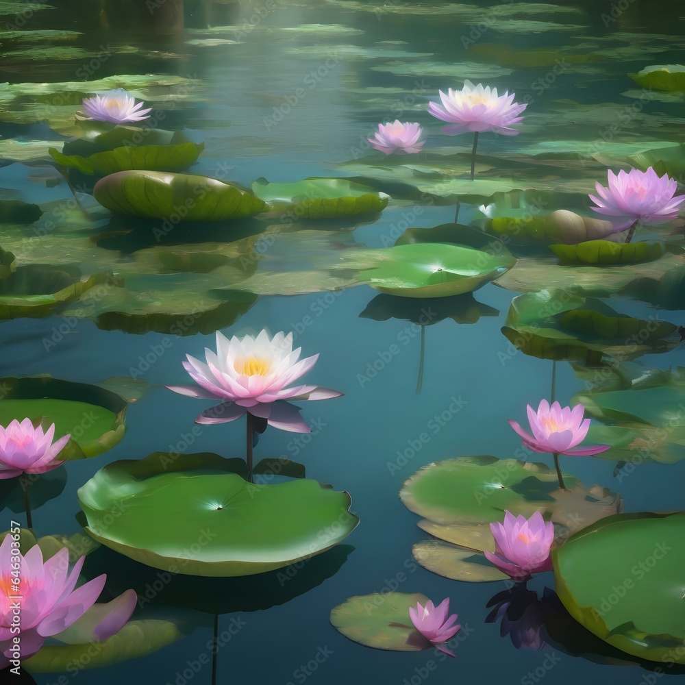 A floating island covered in shimmering, translucent water lilies that defy gravity as they hover above the water3
